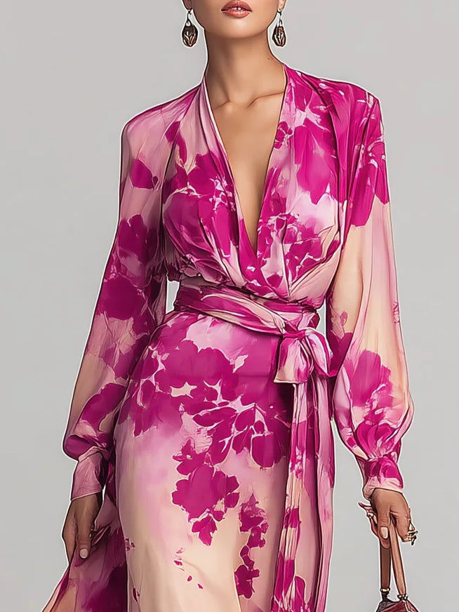 Abito lungo scollo a V floreale rosa rossa con cintura