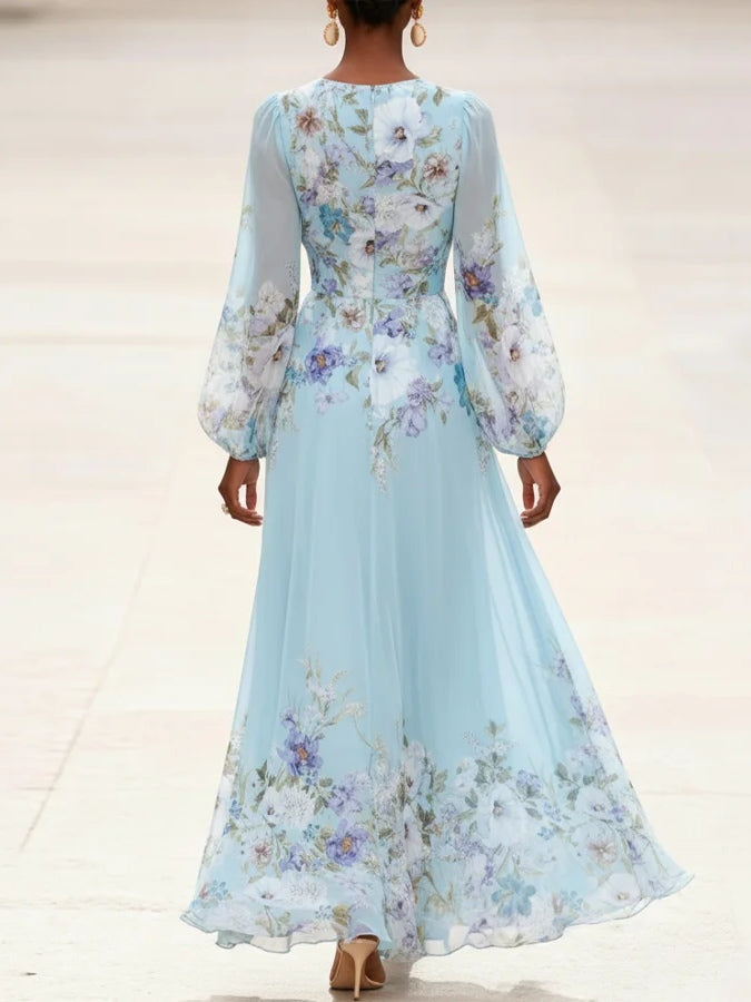 Light Blue V-Neck Chiffon Printed Maxi Dress
