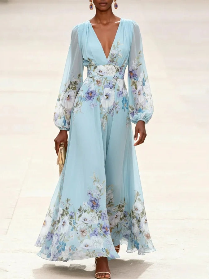 Light Blue V-Neck Chiffon Printed Maxi Dress