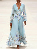 Light Blue V-Neck Chiffon Printed Maxi Dress