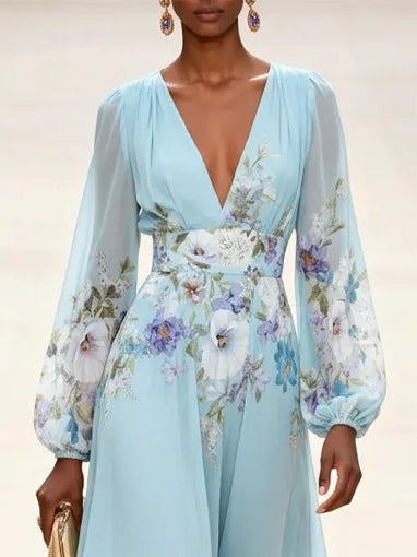 Light Blue V-Neck Chiffon Printed Maxi Dress