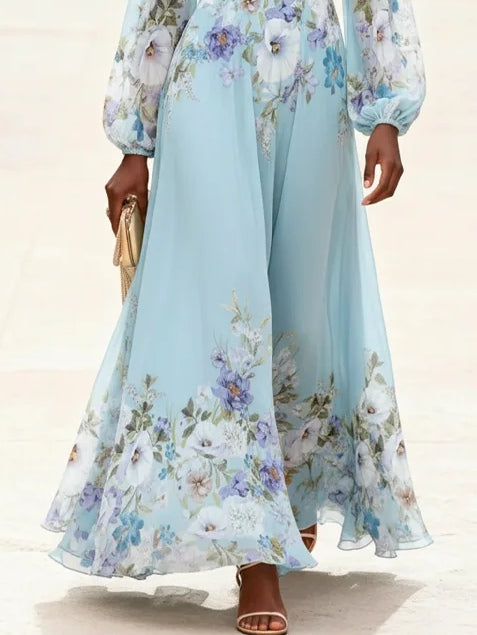 Light Blue V-Neck Chiffon Printed Maxi Dress