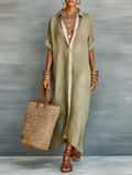 Olive Green Minimalist Patchwork Short-Sleeved Shirt Maxi Dress