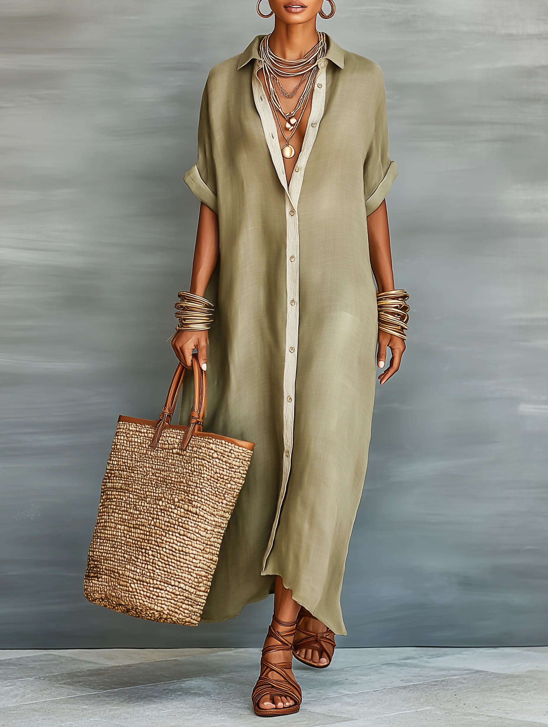 Olive Green Minimalist Patchwork Short-Sleeved Shirt Maxi Dress