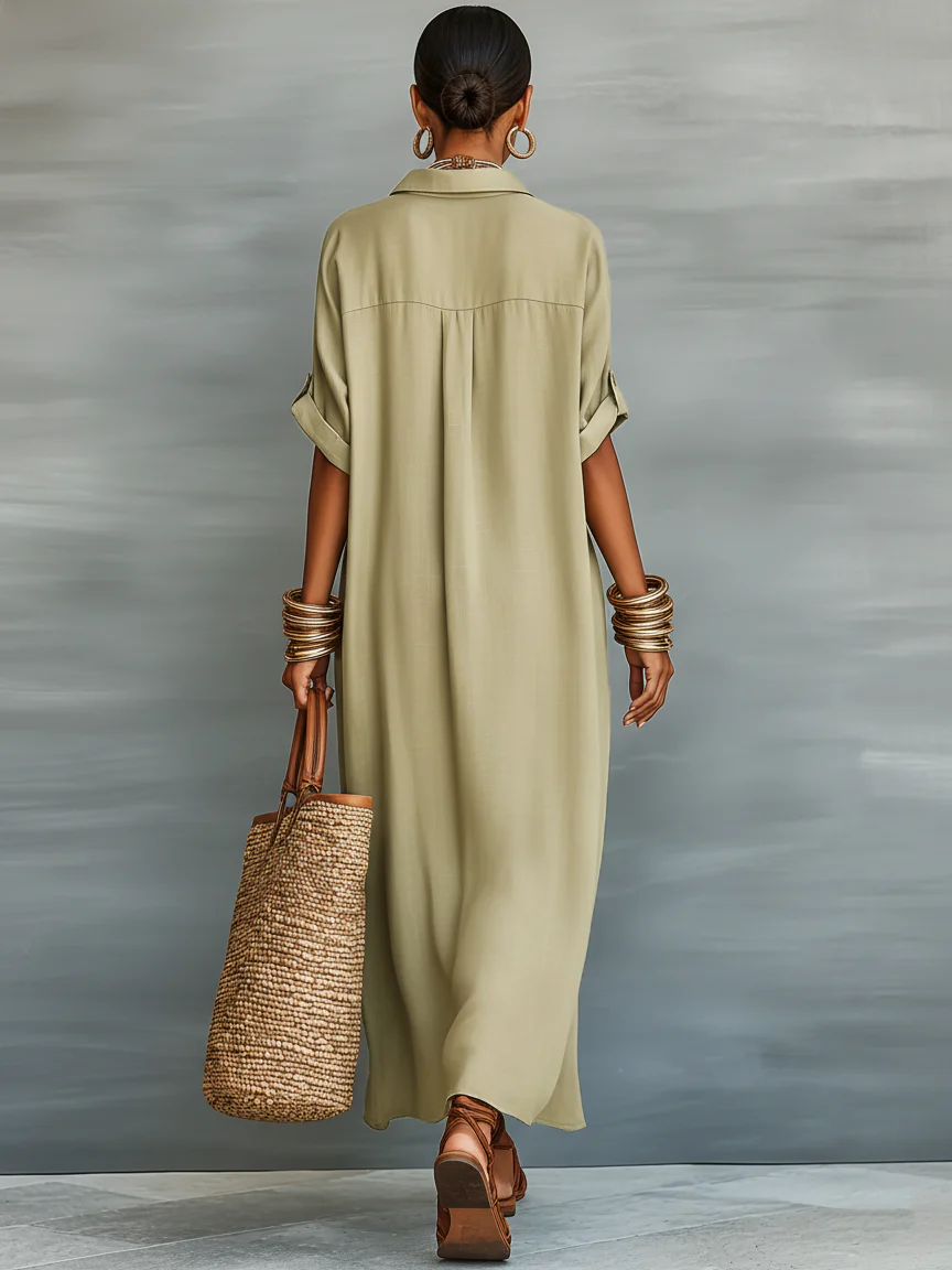 Olive Green Minimalist Patchwork Short-Sleeved Shirt Maxi Dress
