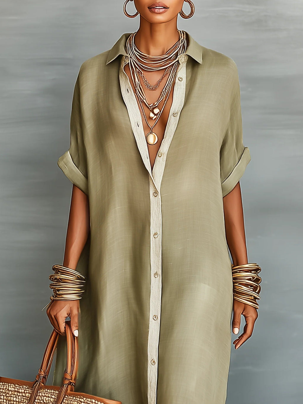 Olive Green Minimalist Patchwork Short-Sleeved Shirt Maxi Dress