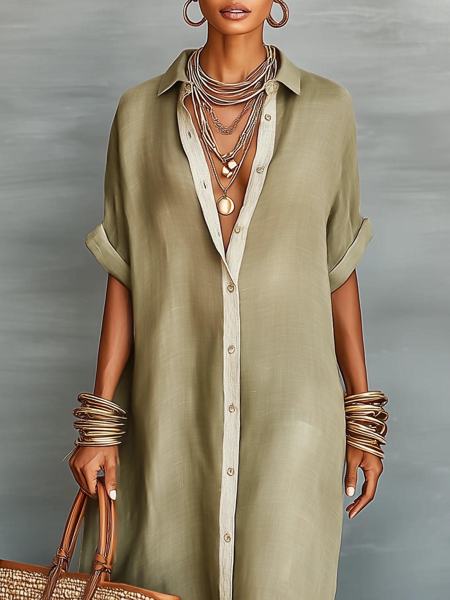 Olive Green Minimalist Patchwork Short-Sleeved Shirt Maxi Dress