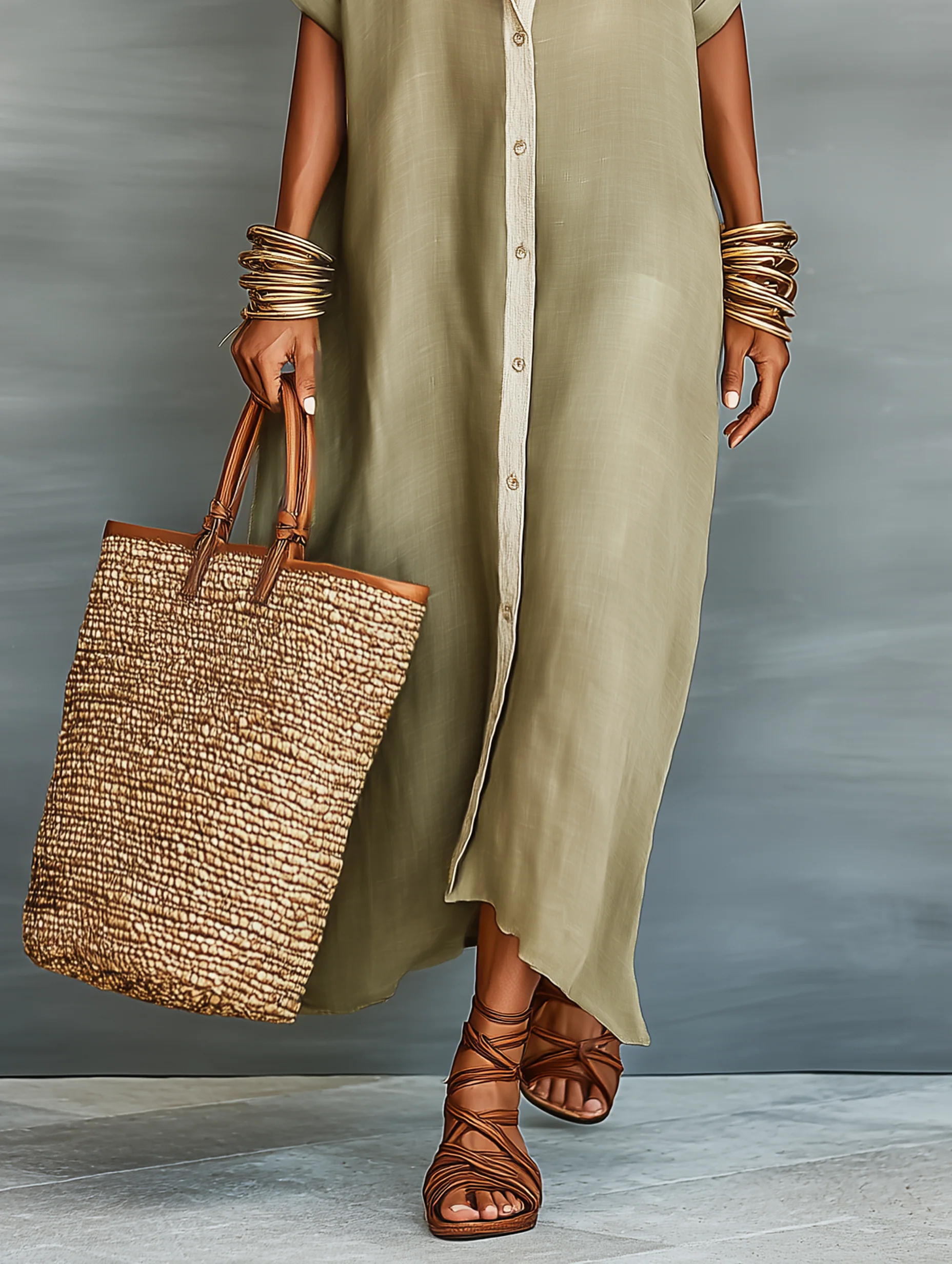 Olive Green Minimalist Patchwork Short-Sleeved Shirt Maxi Dress