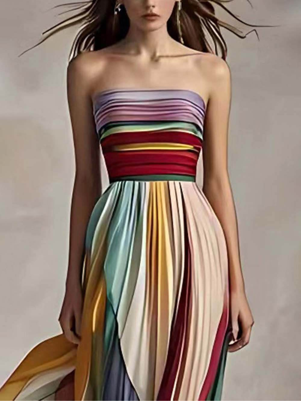 Off-The-Shoulder Striped Print Pleated Bandeau Maxi Dress