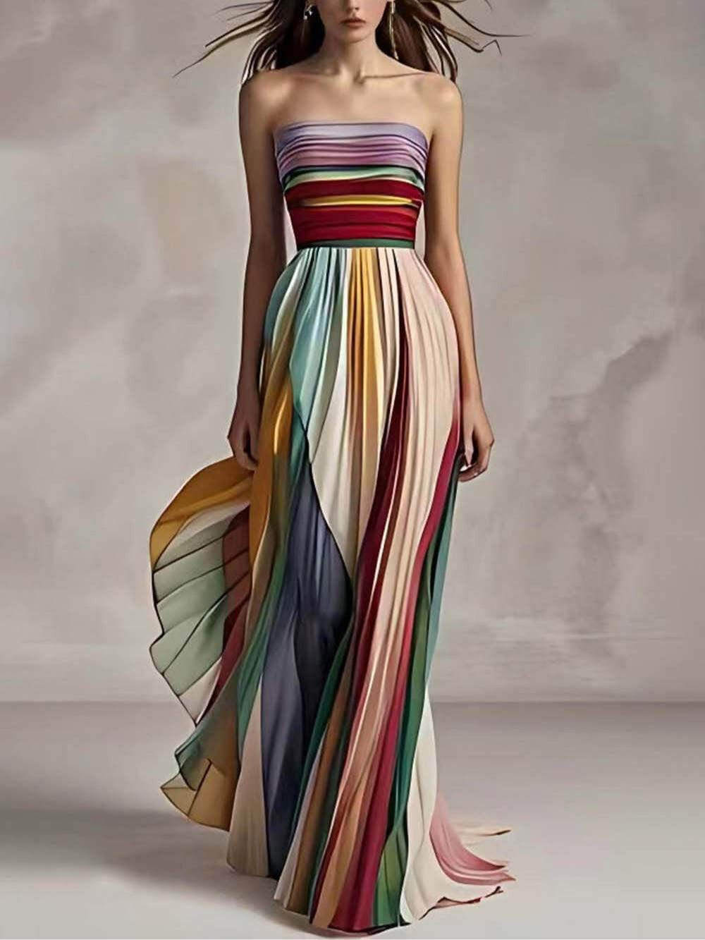 Off-The-Shoulder Striped Print Pleated Bandeau Maxi Dress