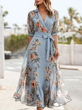 Floral Print V-Neck Short-Sleeve Bow Waist Midi Dress