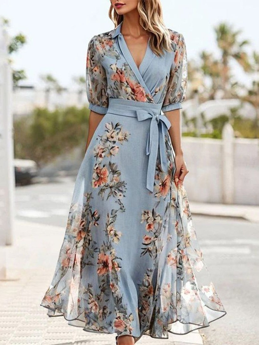 Floral Print V-Neck Short-Sleeve Bow Waist Midi Dress