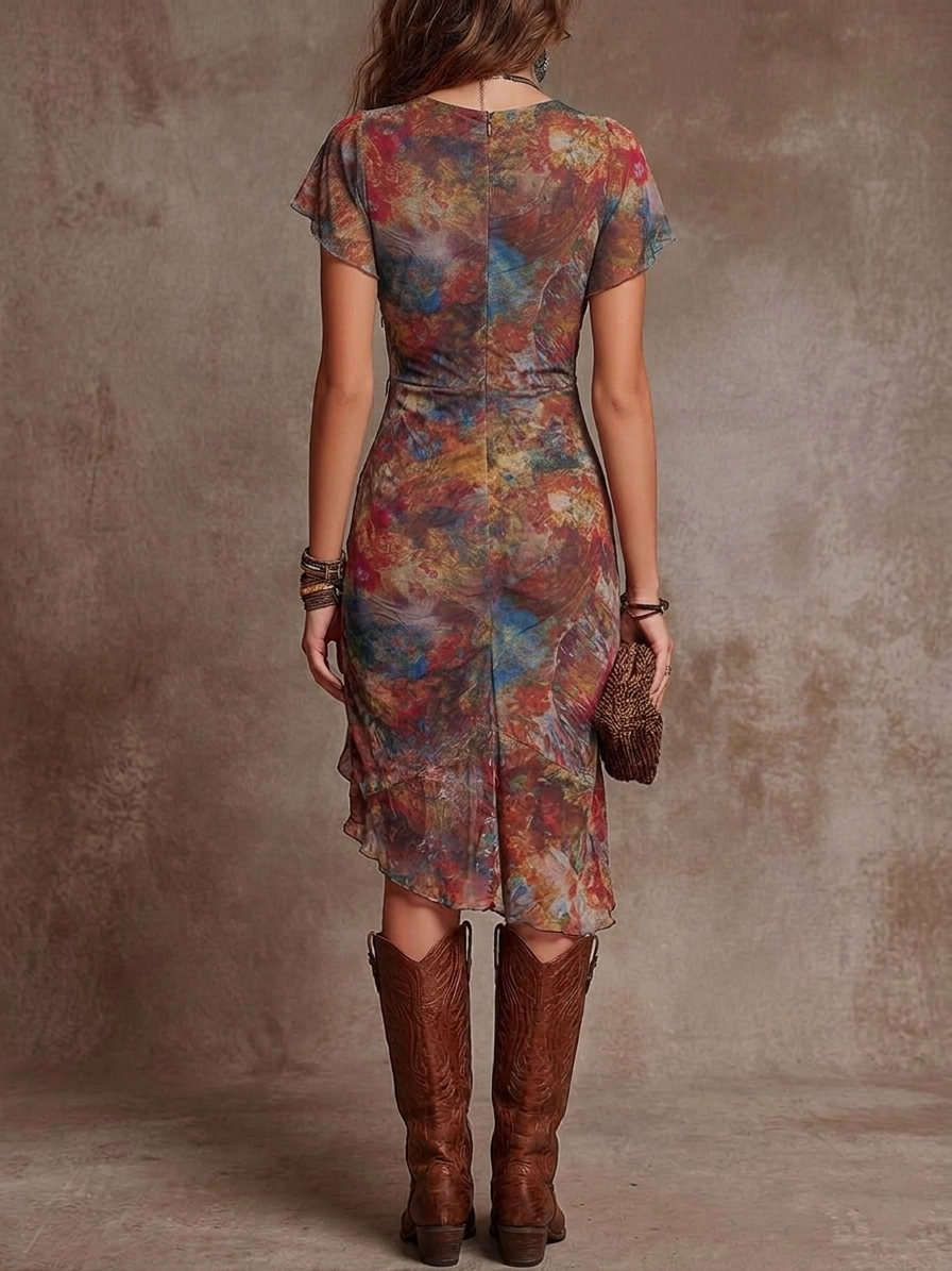 Bohemian Abstract Art Print V-Neck Pleated Midi Dress