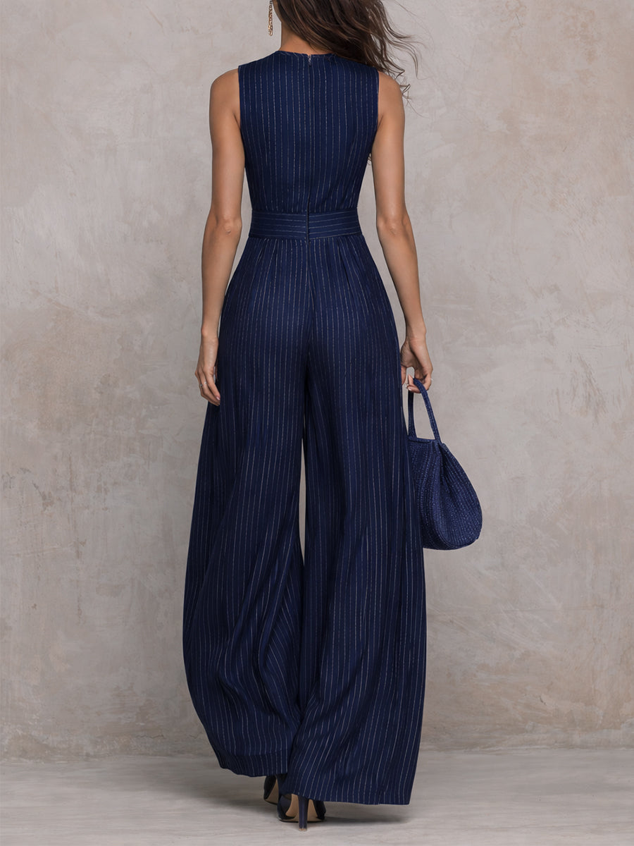Navy Striped Wide Leg Jumpsuit with Keyhole Neckline