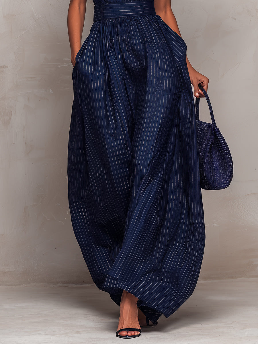 Navy Striped Wide Leg Jumpsuit with Keyhole Neckline