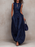 Navy Striped Wide Leg Jumpsuit with Keyhole Neckline