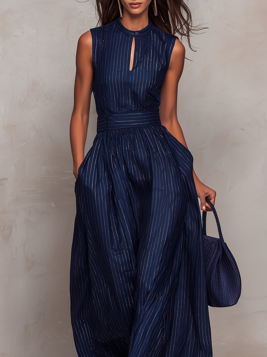 Navy Striped Wide Leg Jumpsuit with Keyhole Neckline