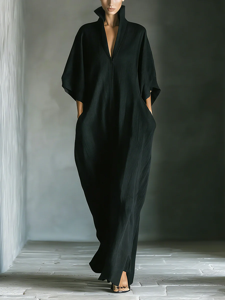 Black Minimalist Oversized Kimono-Sleeved Maxi Dress
