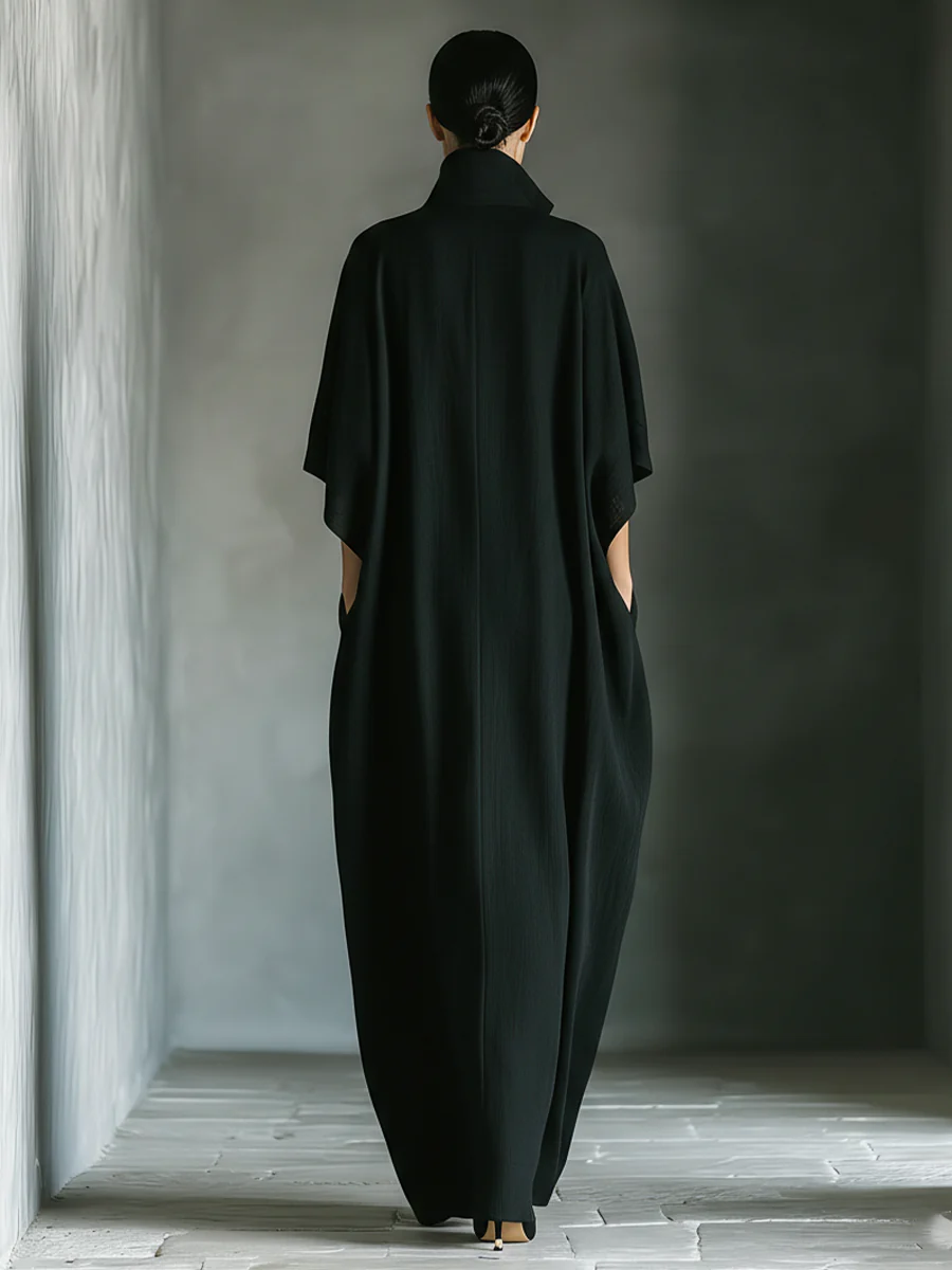 Black Minimalist Oversized Kimono-Sleeved Maxi Dress