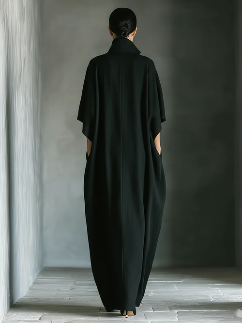 Black Minimalist Oversized Kimono-Sleeved Maxi Dress