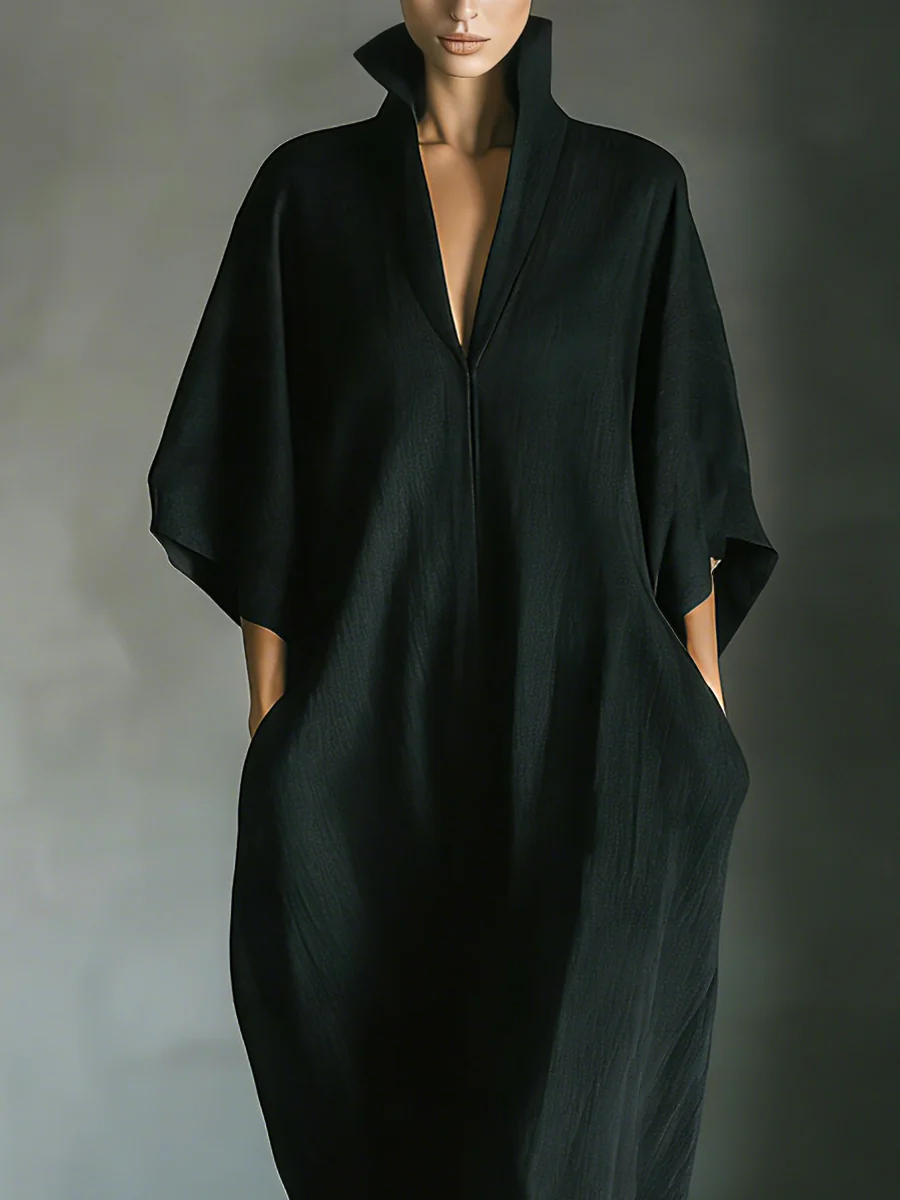Black Minimalist Oversized Kimono-Sleeved Maxi Dress