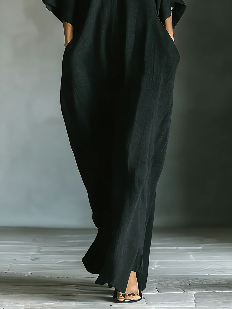 Black Minimalist Oversized Kimono-Sleeved Maxi Dress