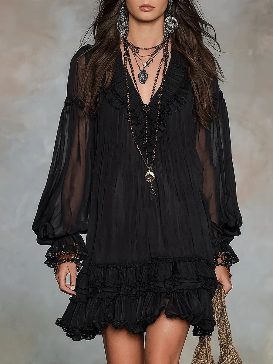 Black V-Neck Lantern-Sleeve Ruffled Chiffon Mini Dress