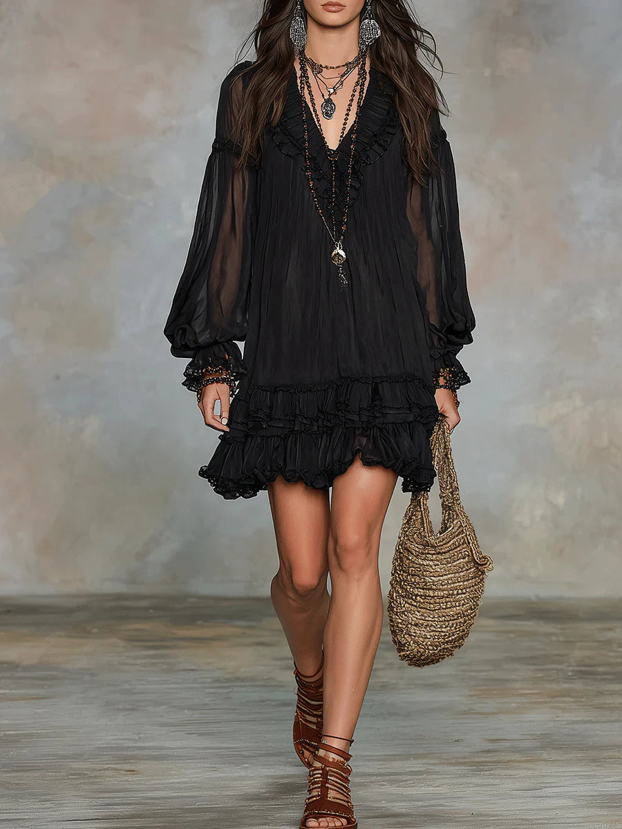 Black V-Neck Lantern-Sleeve Ruffled Chiffon Mini Dress