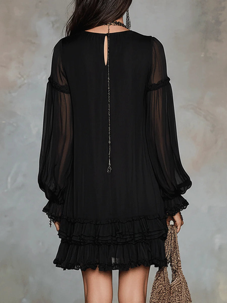 Black V-Neck Lantern-Sleeve Ruffled Chiffon Mini Dress