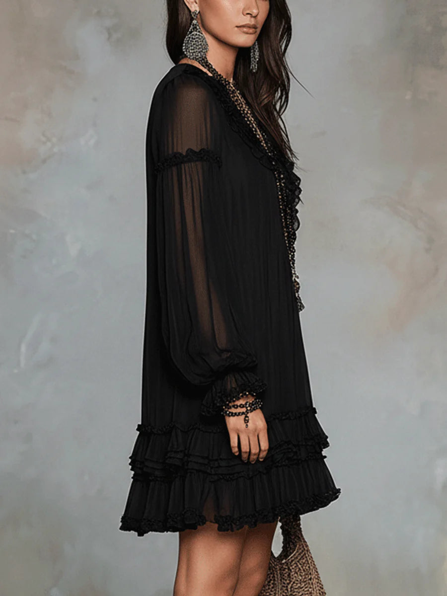 Black V-Neck Lantern-Sleeve Ruffled Chiffon Mini Dress