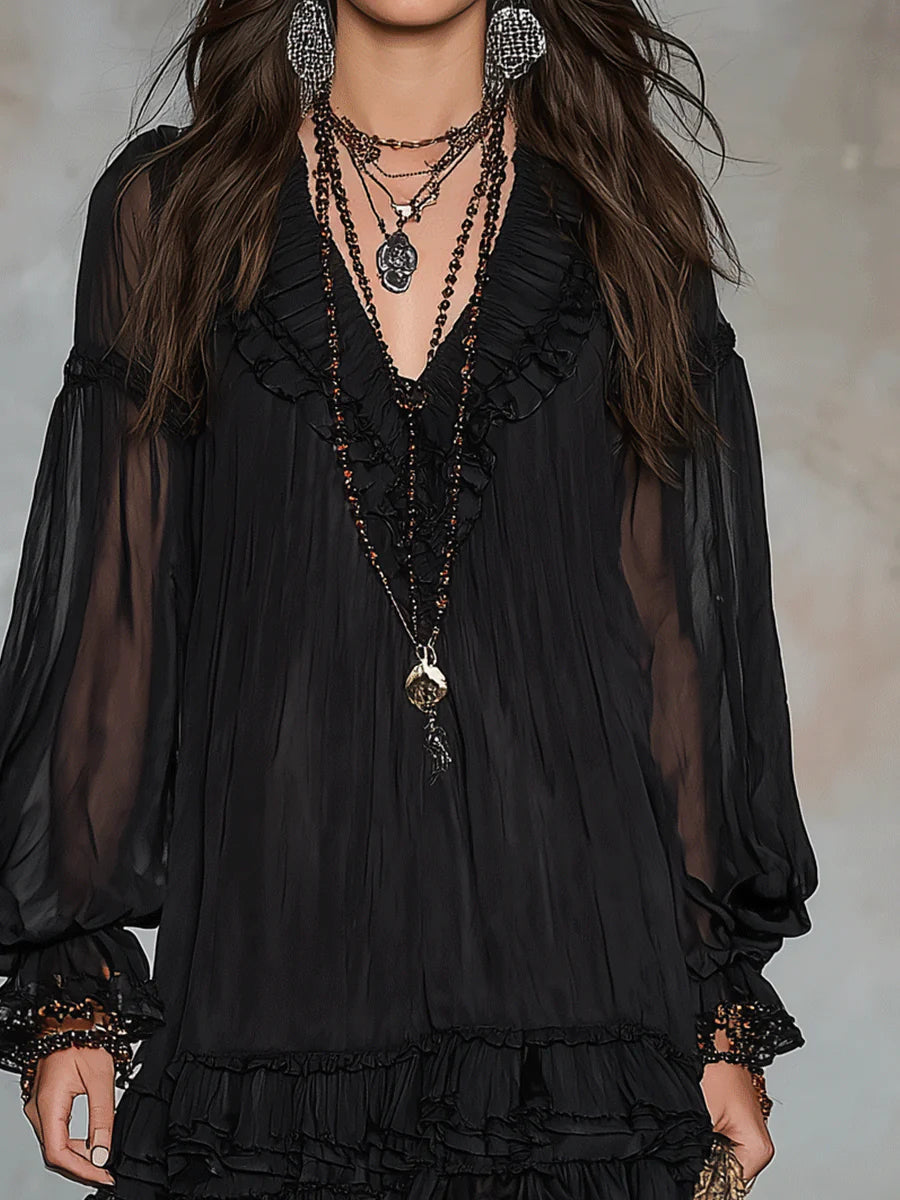 Black V-Neck Lantern-Sleeve Ruffled Chiffon Mini Dress