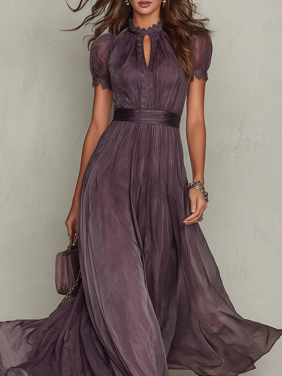 Purple Keyhole Neckline Chiffon Lace-Trim Maxi Dress