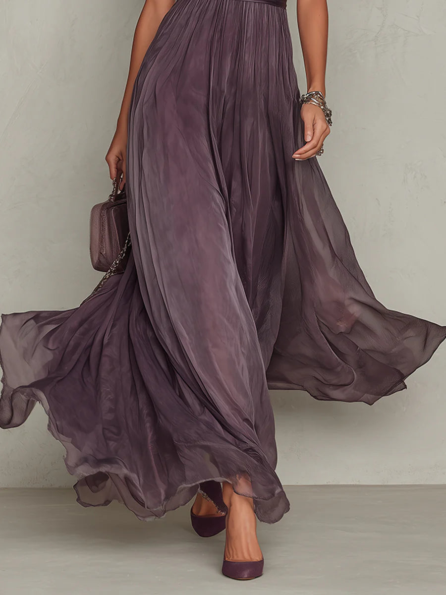 Purple Keyhole Neckline Chiffon Lace-Trim Maxi Dress
