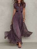 Purple Keyhole Neckline Chiffon Lace-Trim Maxi Dress