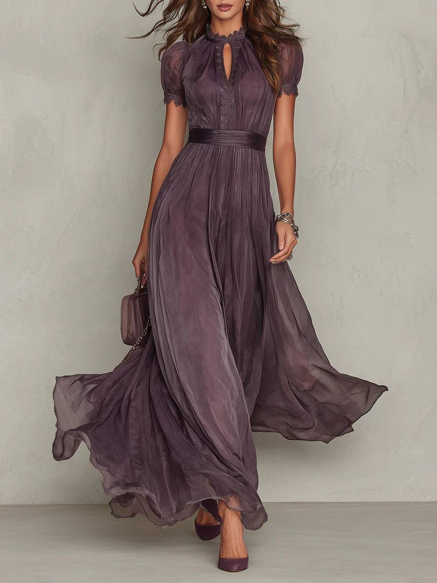 Purple Keyhole Neckline Chiffon Lace-Trim Maxi Dress