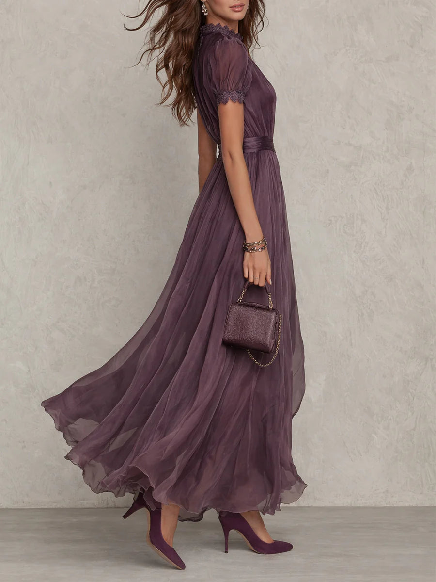 Purple Keyhole Neckline Chiffon Lace-Trim Maxi Dress