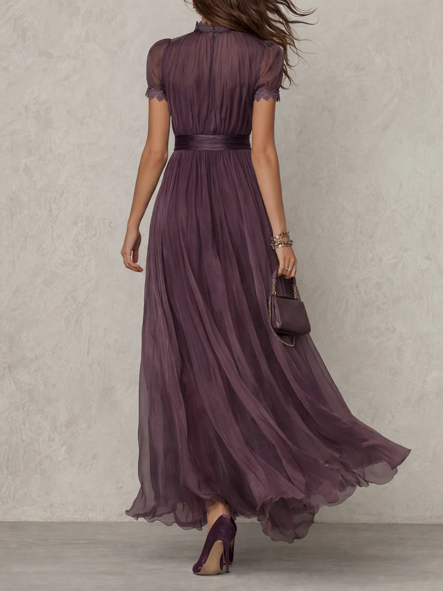 Purple Keyhole Neckline Chiffon Lace-Trim Maxi Dress