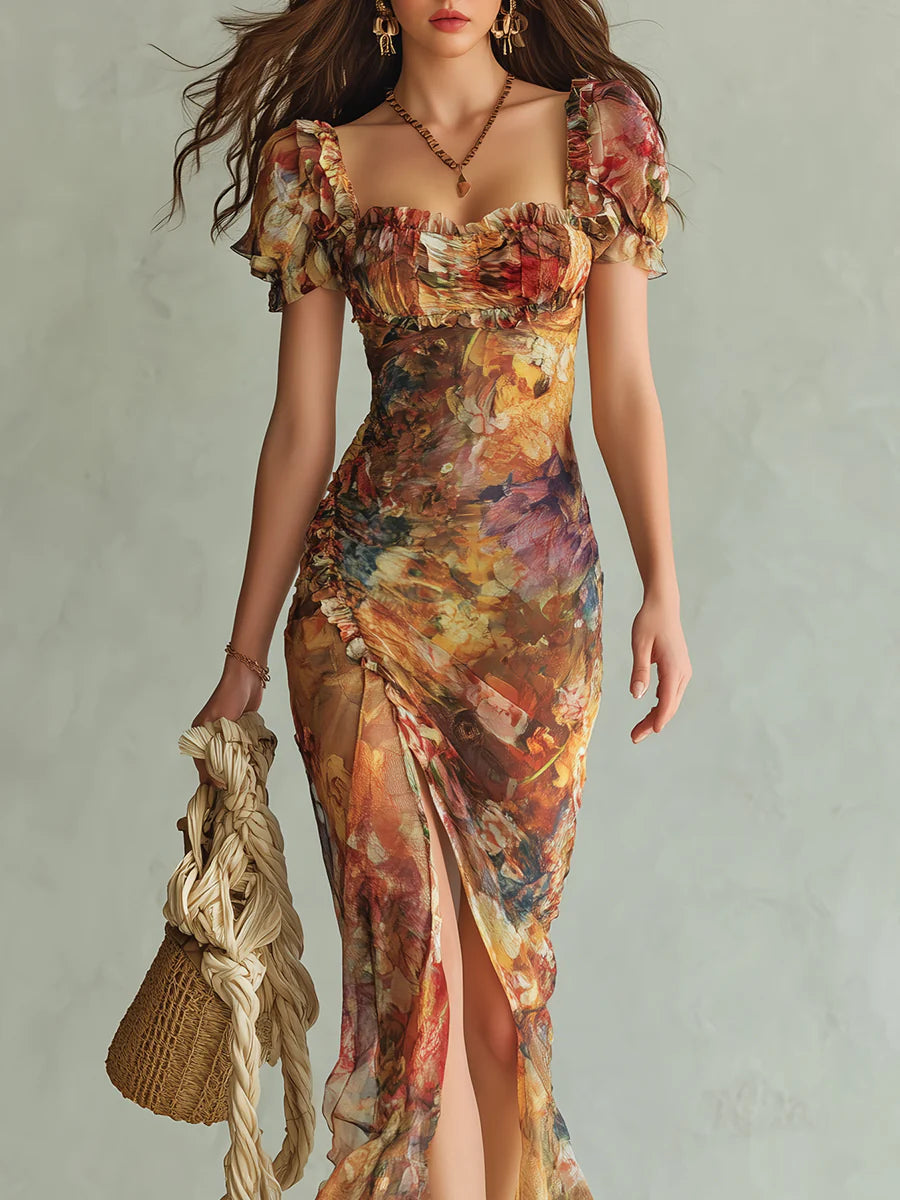 Orange Bohemian Holiday Oil-Painting Print Chiffon Maxi Dress