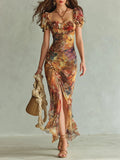 Orange Bohemian Holiday Oil-Painting Print Chiffon Maxi Dress