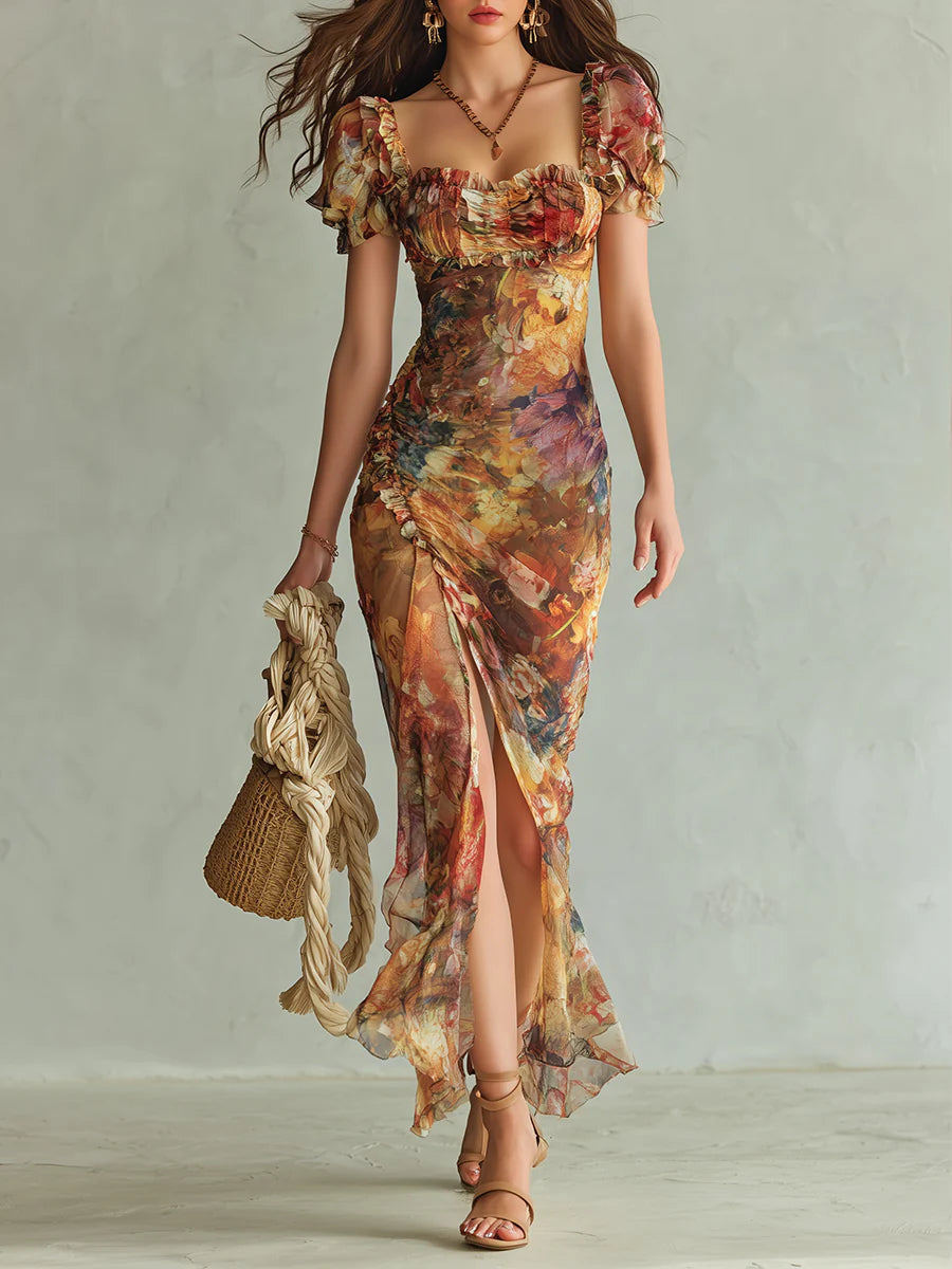 Orange Bohemian Holiday Oil-Painting Print Chiffon Maxi Dress
