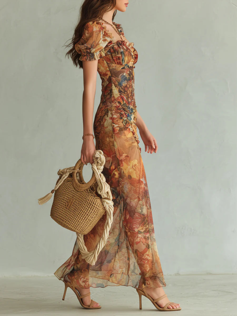Orange Bohemian Holiday Oil-Painting Print Chiffon Maxi Dress