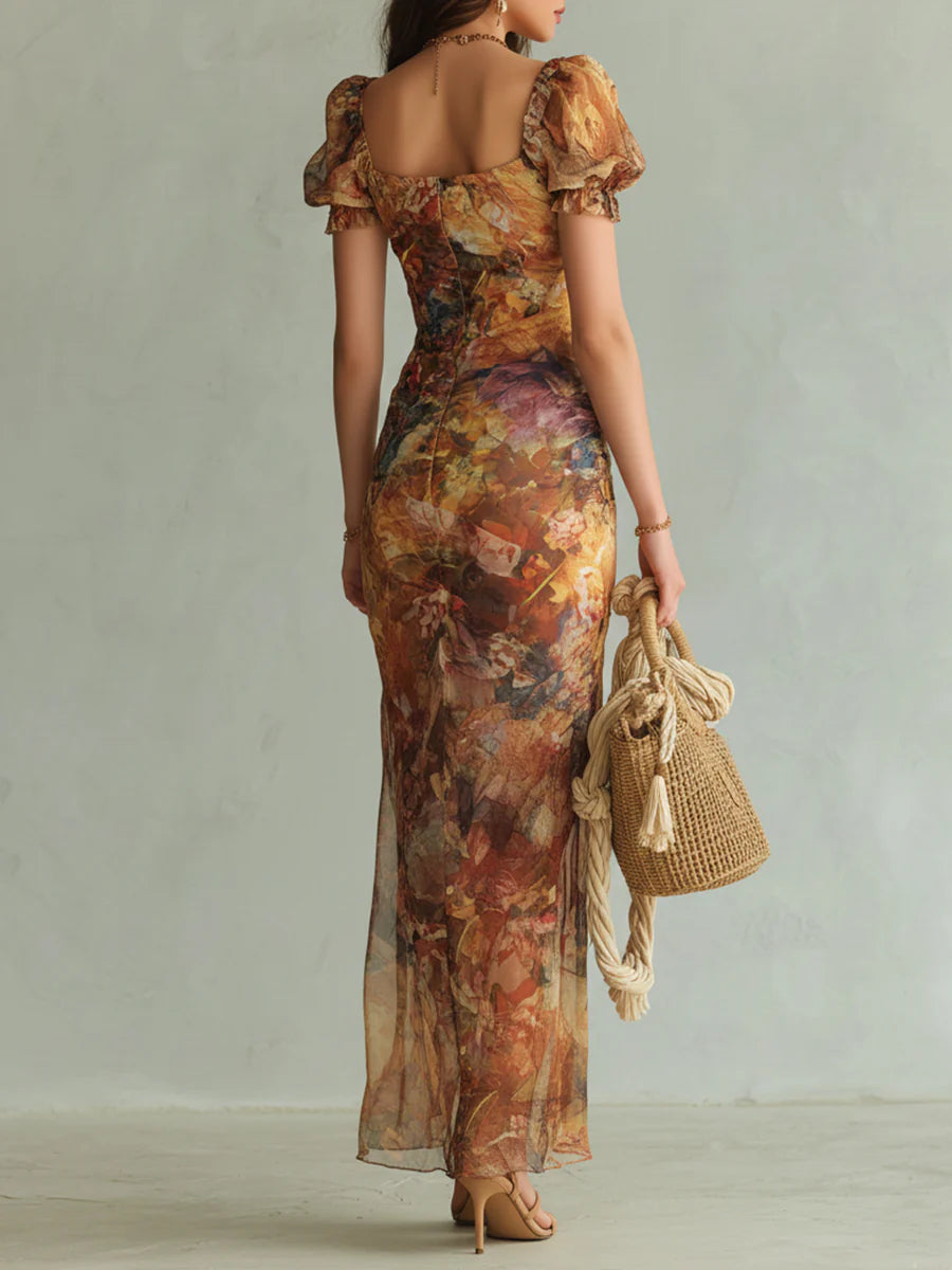 Orange Bohemian Holiday Oil-Painting Print Chiffon Maxi Dress