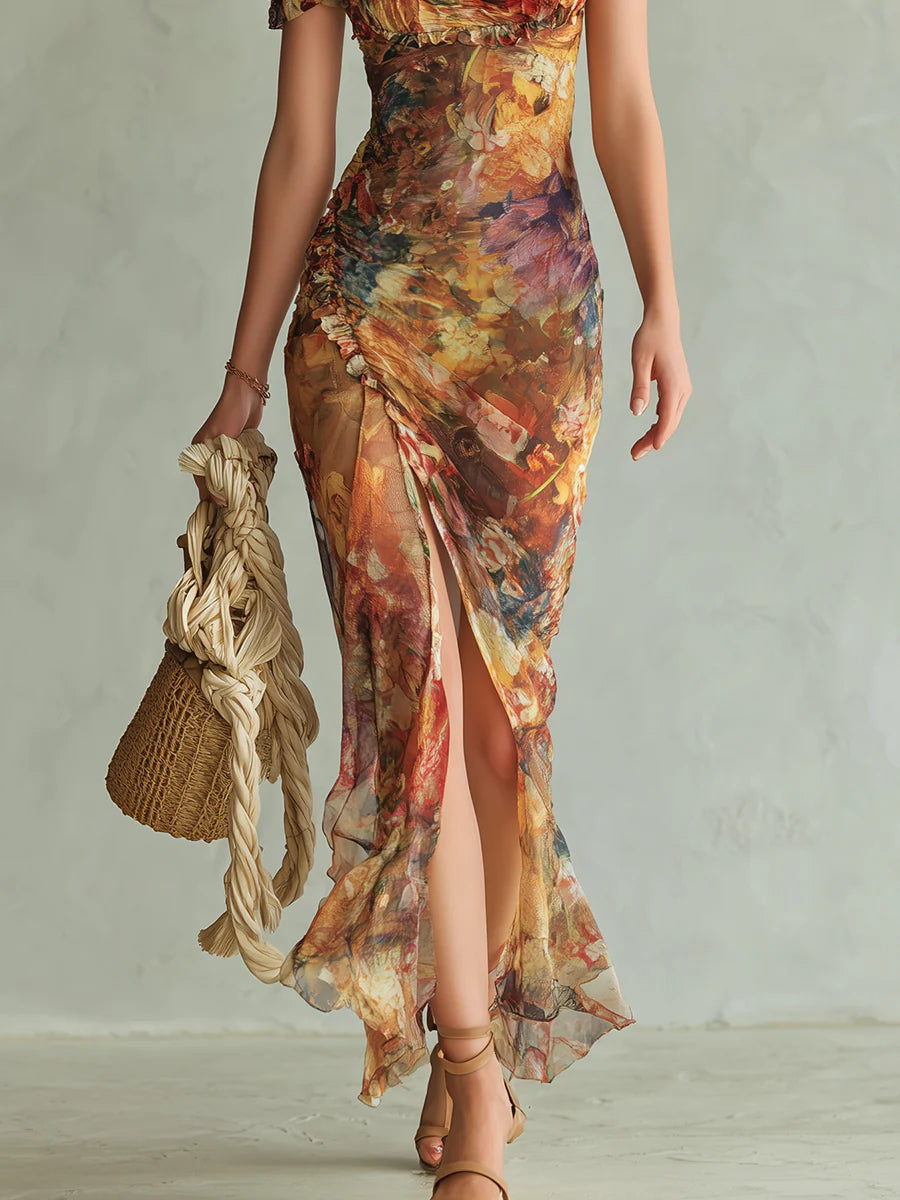 Orange Bohemian Holiday Oil-Painting Print Chiffon Maxi Dress