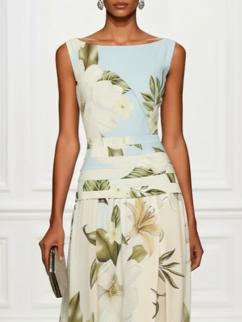 Blue and White Floral Ruffled Boat-Neck Sleeveless Maxi Dress