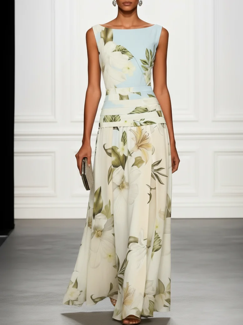 Blue and White Floral Ruffled Boat-Neck Sleeveless Maxi Dress