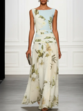 Blue and White Floral Ruffled Boat-Neck Sleeveless Maxi Dress