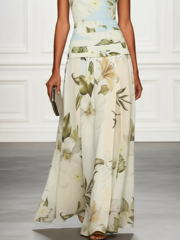Blue and White Floral Ruffled Boat-Neck Sleeveless Maxi Dress