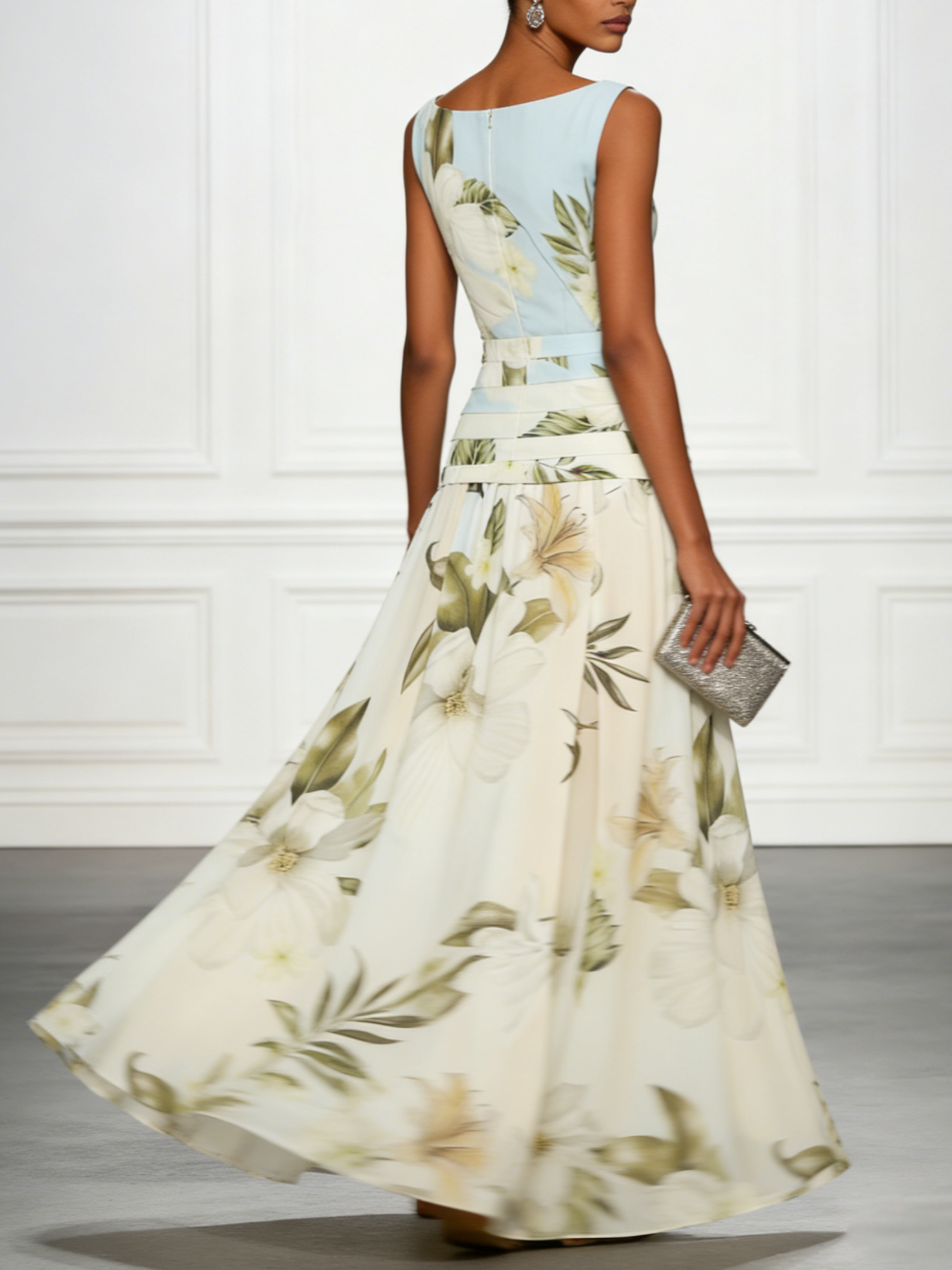 Blue and White Floral Ruffled Boat-Neck Sleeveless Maxi Dress
