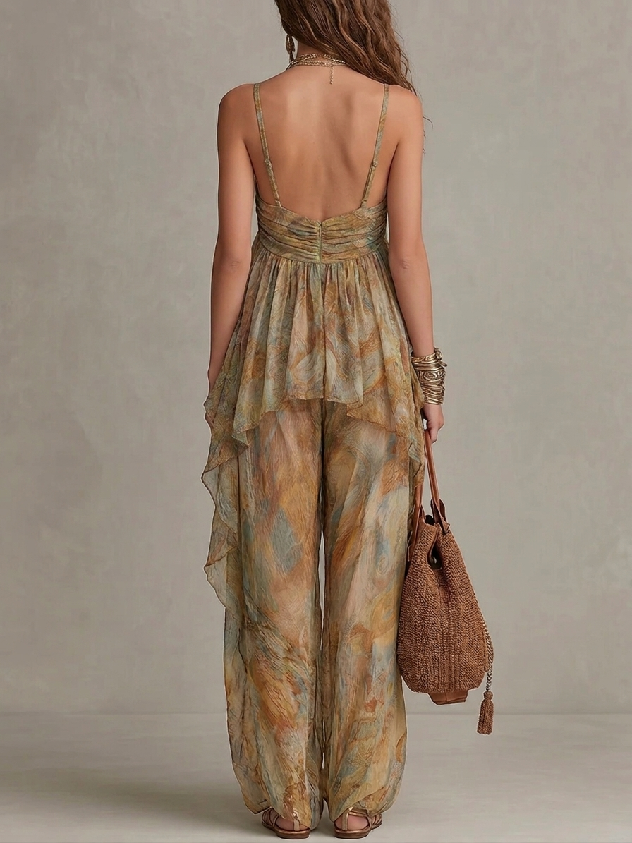 Khaki Printed Chiffon Ruffled Camisole and Wide-Leg Pants Set