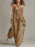Khaki Printed Chiffon Ruffled Camisole and Wide-Leg Pants Set
